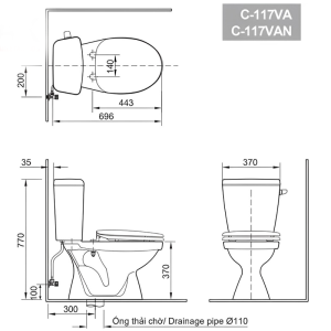 Bồn cầu INAX C-117VA (C117VA) 2 khối nắp thường xả gạt - ảnh 2
