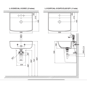 Chậu rửa lavabo INAX AL-312V treo tường kèm chân ngắn L-298VC (AL-312/L-298VC) - ảnh 2