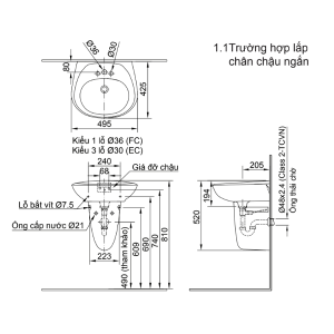 Chậu rửa lavabo INAX L-284V treo tường kèm chân ngắn L-284VC (L-284V/L-284VC) - ảnh 2